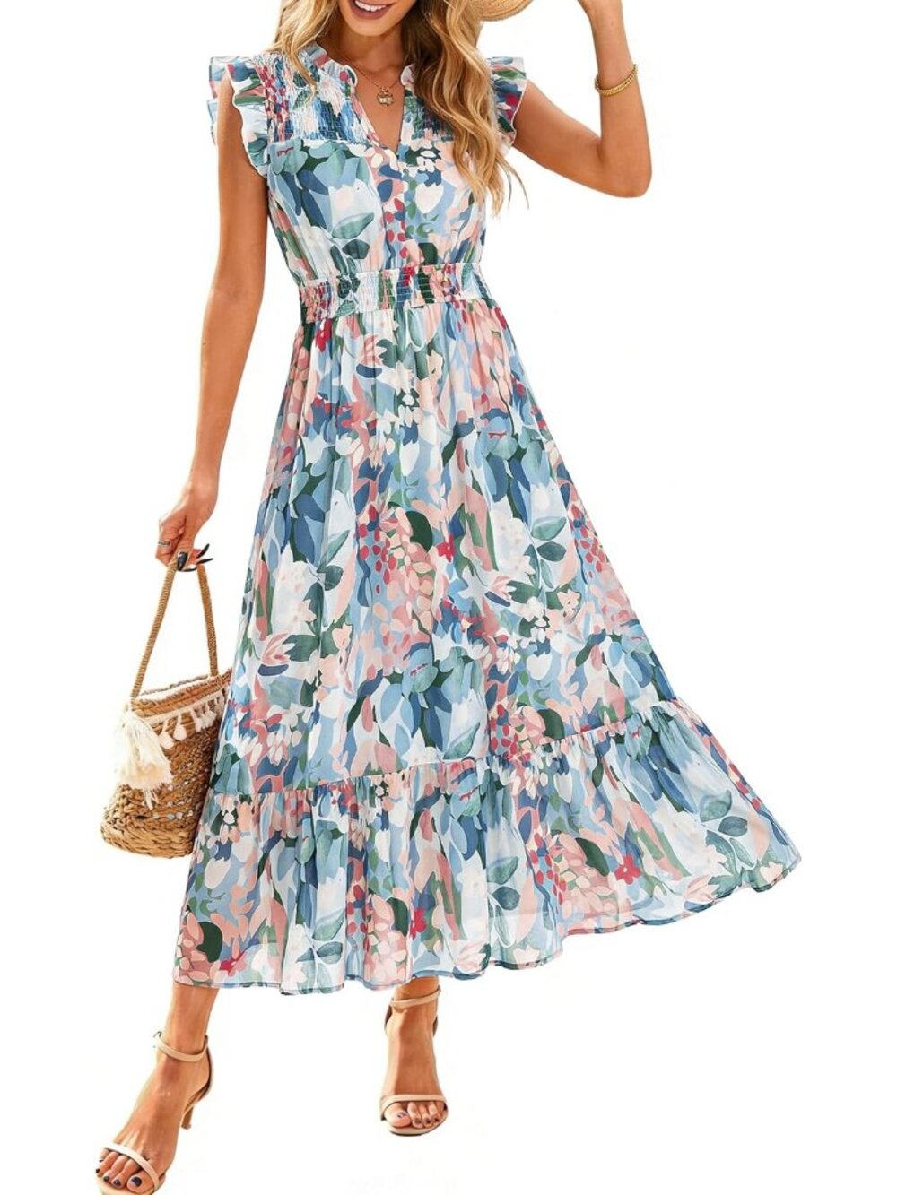 Women's Blue Pink Floral Short Sleeve V Neck Casual Ruffle Imported Maxi Dress
